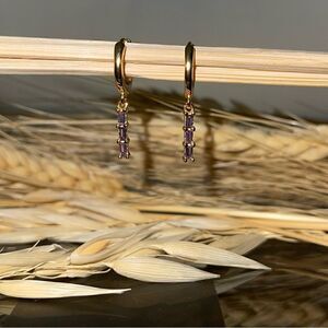 Gold Plated Dangle Huggie Hoop Earrings Dainty Minimalistic Silver CZ gems